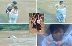 بالصور..ينقل تلاميذ المدرسة عبر الفيضان بكيس بلاستيك