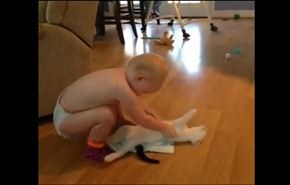 فيديو طريف... طفل يصر على إلباس الحفاضة لقطته