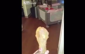 فيديو.. طفلة تحاول الوصول لقطعة دجاج في يد والدها