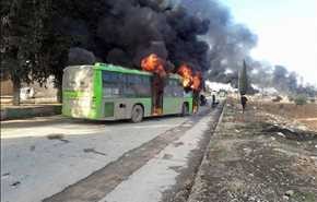 بالصور ..العصابات الإرهابية تقوم بحرق الباصات المتوجهة لاجلاء المدنيين من كفريا والفوعة السورية
