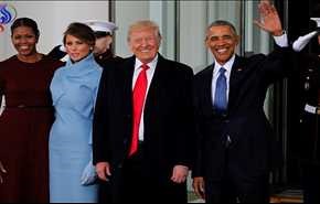 آخرین عکس های خانوادۀ اوباما وترامپ در مقابل کاخ سفید