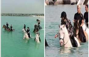 بالصور.. بنات “محمد بن راشد” يمارسن ركوب الخيل داخل الماء