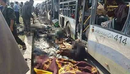 صور مؤثرة عن الانفجار الذي استهدف حافلات مدنيي الفوعة وكفرايا في حلب