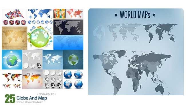 دانلود تصاویر وکتور نقشه های متنوع جهان - Globe And Map