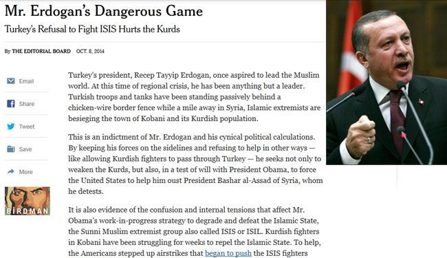 نيويورك تايمز: أردوغان يقوم بلعبة خطيرة برفضه قتال 