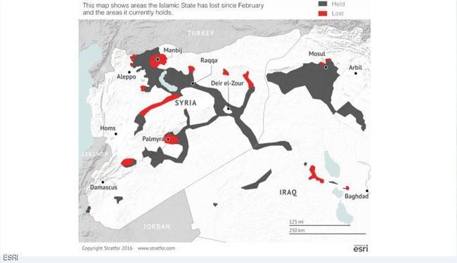 نقشه‌ای که حجم شکست‌های داعش را نشان می‌دهد
