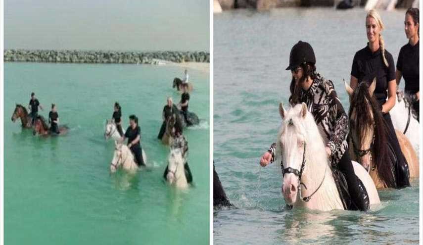 بالصور.. بنات “محمد بن راشد” يمارسن ركوب الخيل داخل الماء