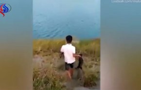 بالفيديو.. شاب يلقي كلباً وهو حي في بحيرة مليئة بالتماسيح.. وهذا ما حدث له!