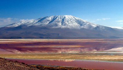 بحيرة اللاجون الأحمر في بوليفيا على مقربة من حدود تشيلي