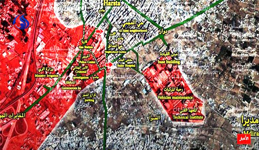 بالخريطة؛ الجيش السوري يبدأ هجوما معاكسا لفك حصار ادارة المركبات بحرستا