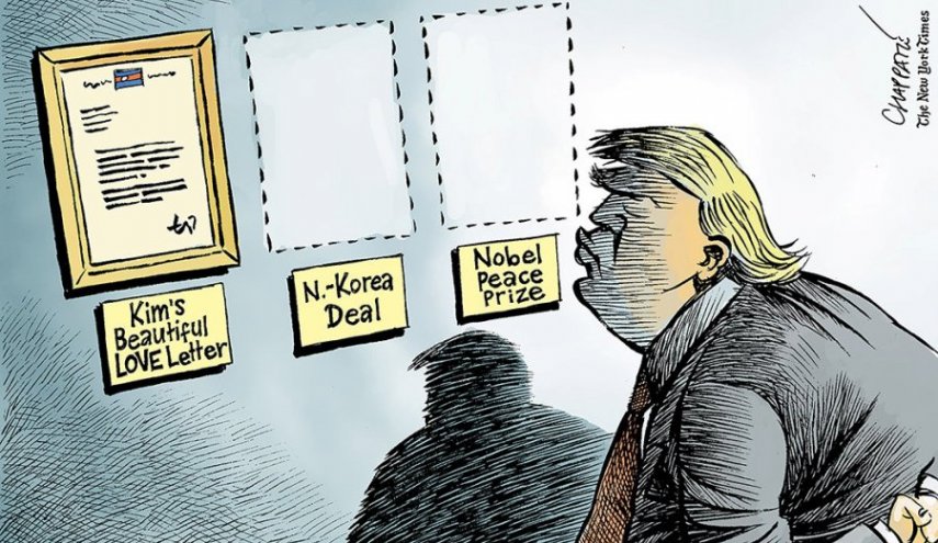 کارتون نیویورک تایمز: ترامپ دلخوش نامه عاشقانه کیم است