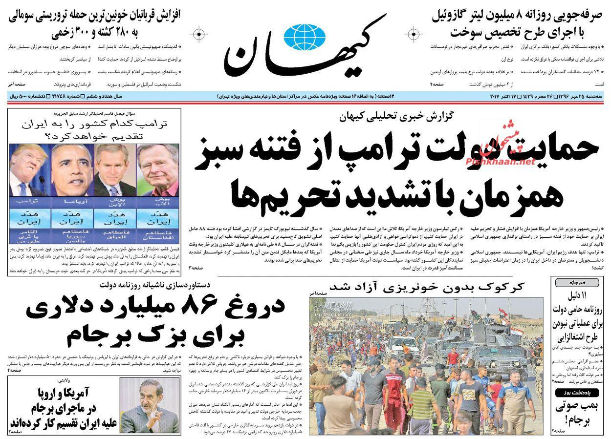 صفحه نخست روزنامه‌ ی کیهان ۲۵ مهر
