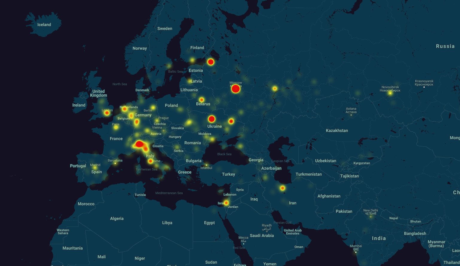 تصویری که مناطق قطعی تلگرام را اروپا و خاورمیانه نشان می دهد  