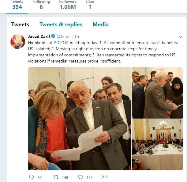 پیام توئیتری ظریف پس از نشست وین: آمریکا منزوی شد