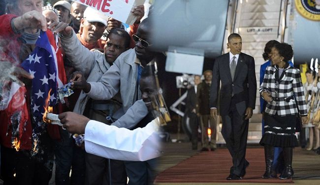 اوباما يبدأ زيارة لجنوب افريقيا وتظاهرات ضد سياساته