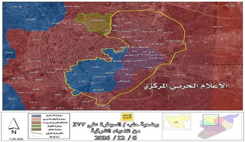 بالخريطة.. 73 % من مساحة أحياء حلب الشرقية بيد الجيش السوري