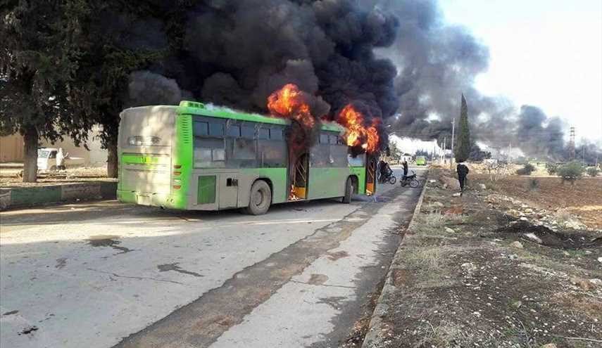 بالصور ..العصابات الإرهابية تقوم بحرق الباصات المتوجهة لاجلاء المدنيين من كفريا والفوعة السورية