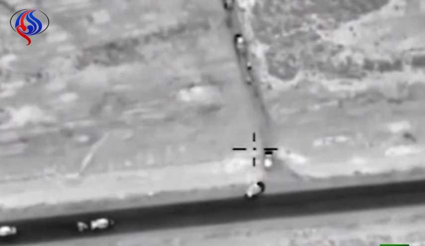 انهدام کاروان داعش در رقه در حمله جنگنده های روس