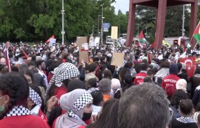 شاهد: تجمع امام مقر الامم المتحدة بجنيف نصرة لفلسطين