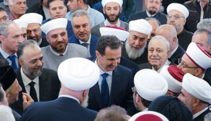 حضور بشار اسد در مراسم میلاد پیامبر(ص) در دمشق + تصاویر
