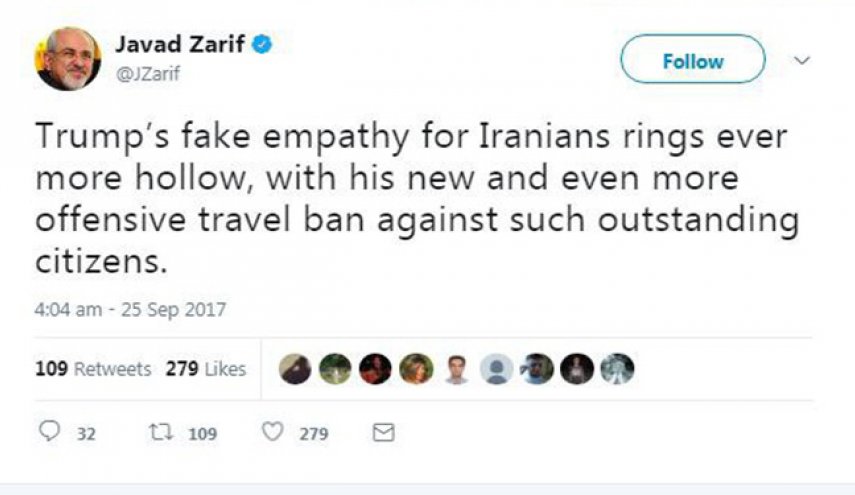 واکنش ظریف به اشک تمساح ترامپ برای ایرانیان
