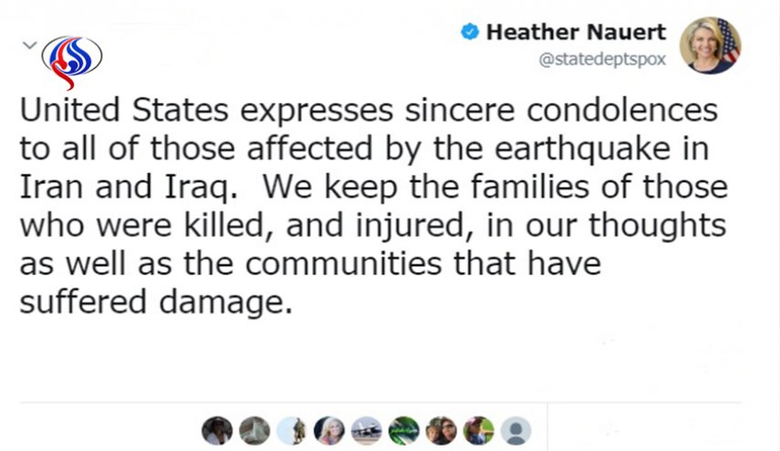 وزارت خارجه آمريكا به خانواده قربانيان زلزله در ايران و عراق تسليت گفت