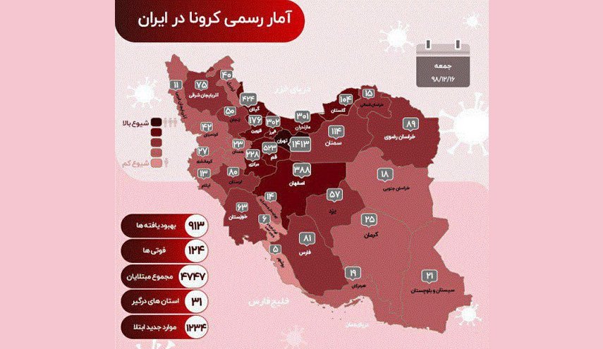 جدیدترین آمار کرونا در ایران | 4747 مبتلا و 913 نفر بهبود یافتند