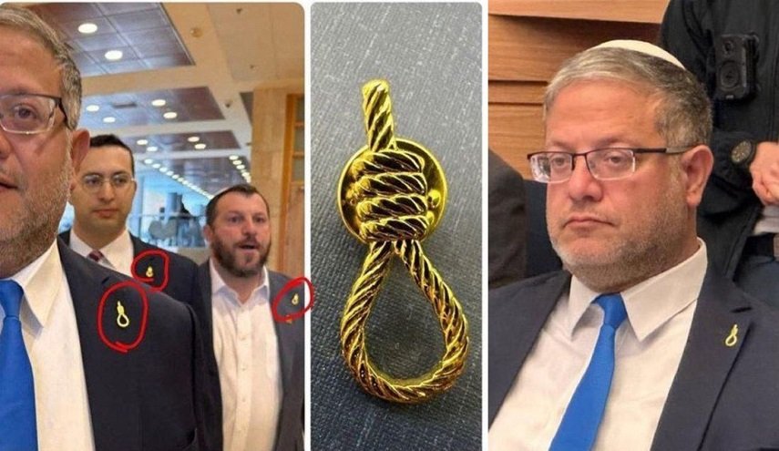 بن گویر با سنجاق سینه ای بشکل  طناب دار در کنست برای اعدام اسیران فلسطینی حاضر شد