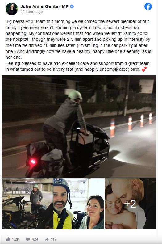 بالصور.. للمرة الثانية سياسية نيوزيلندية تتوجه للمستشفى بدراجة لولادة طفلها