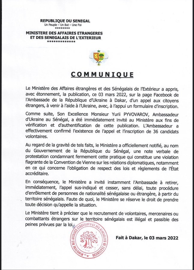 السنغال تتهم سفارة أوكرانيا بتجنيد مواطنيها كمتطوعين للحرب ضد روسيا