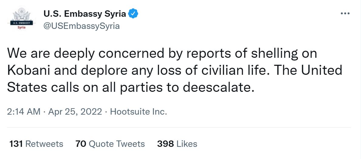 حساب السفارة الاميركية في سوريا تعرب عن قلقها لهذا السبب..
